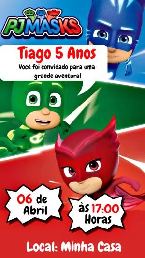 Convite de Aniversário PJ Masks com Heróis para Editar Online