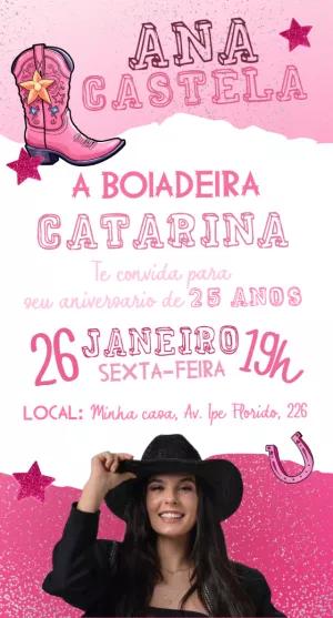 Convite Aniversário Boiadeira Rosa com Foto para Editar