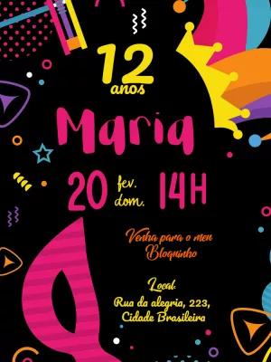 Convite Aniversário Carnaval Colorido para Editar Online e Imprimir