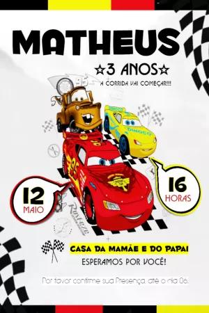 Convite de Aniversário Carros com Relâmpago McQueen para Editar
