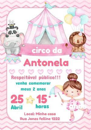 Convite Aniversário Circo Rosa com Animais para Editar Online