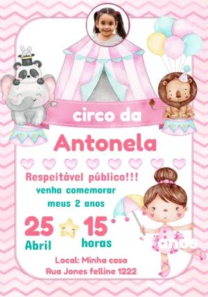 Convite Aniversário Circo Rosa com Foto para Editar Online