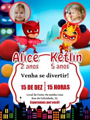 Convite Aniversário Duplo PJ Masks com Foto para Editar Online