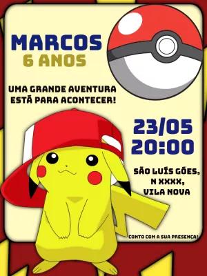 Convite de Aniversário Pokémon com Pikachu para Editar Online