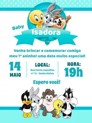 Convite Aniversário Looney Tunes Baby para Editar Online