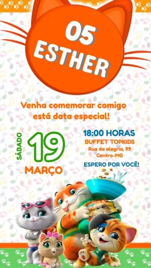 Convite Aniversário 44 Gatos com Personagens para Editar Online