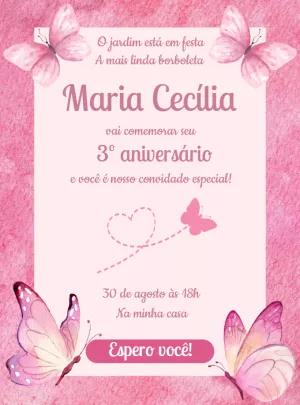 Convite Aniversário Borboleta Rosa Aquarela para Editar Online