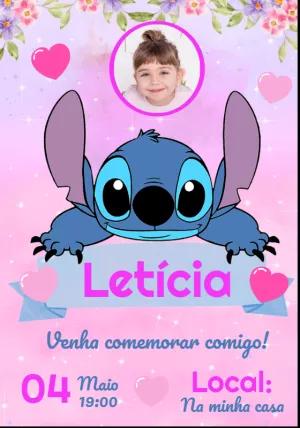 Convite Aniversário Stitch Rosa com Foto para Editar Online