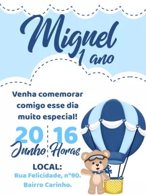 Convite de Aniversário Ursinho Baloeiro para Editar Online