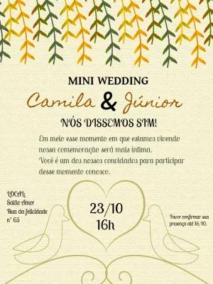 Convite Mini Wedding Rústico com Folhas para Editar Online