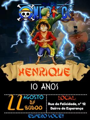 Convite de Aniversário One Piece com Personagens para Editar