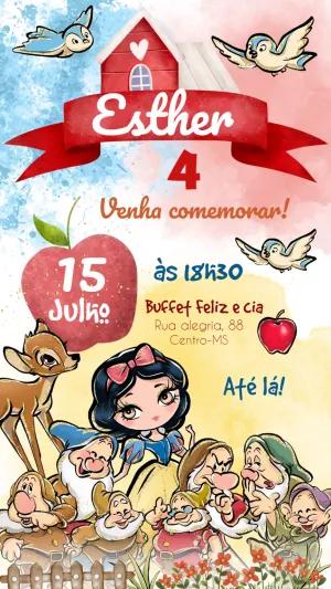 Convite de Aniversário Branca de Neve com Personagens para Editar