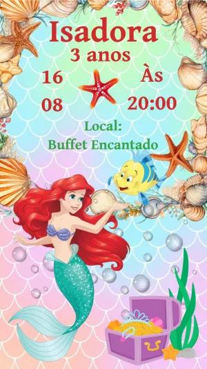 Convite Aniversário Sereia Ariel para Editar Online