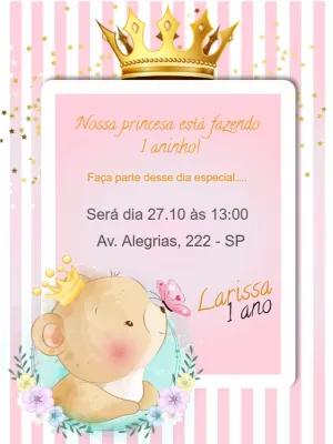 Convite de Aniversário Ursinha Princesa para Editar Online