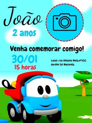 Convite Aniversário Léo o Caminhão com Foto para Editar Online