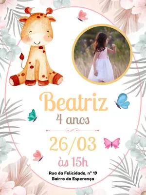 Convite Aniversário Girafa com Foto para Editar Online