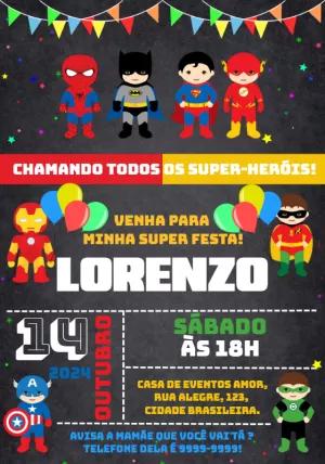 Convite Aniversário Super-Heróis com Personagens para Editar Online