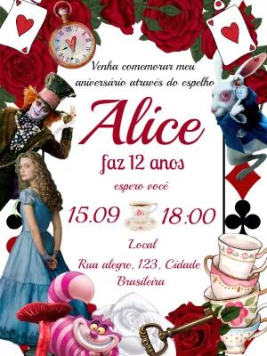 Convite Aniversário Alice no País das Maravilhas para Editar