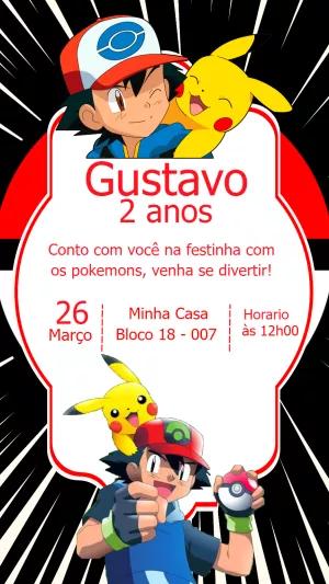 Convite de Aniversário Pokémon com Ash e Pikachu para Editar