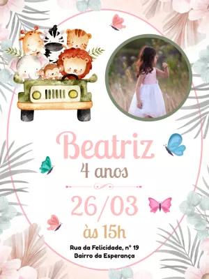 Convite Aniversário Safari Menina com Foto para Editar Online