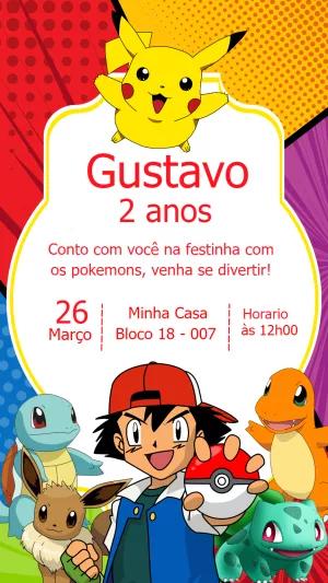 Convite de Aniversário Pokémon com Personagens para Editar Online