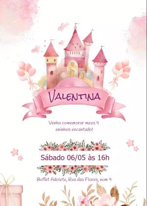 Convite Aniversário Castelo de Princesa Aquarela para Editar Online