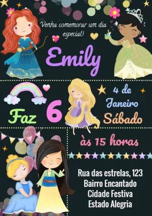Convite Aniversário Princesas para Editar Online
