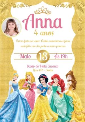 Convite Aniversário Princesas Disney com Foto para Editar Online