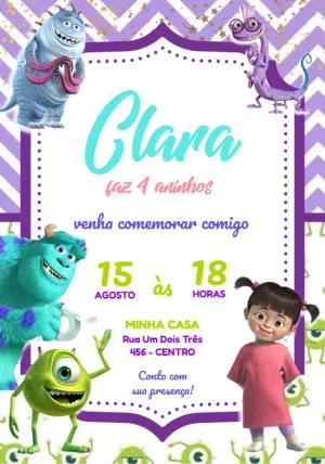 Convite Aniversário Monstros SA Menina para Editar Online