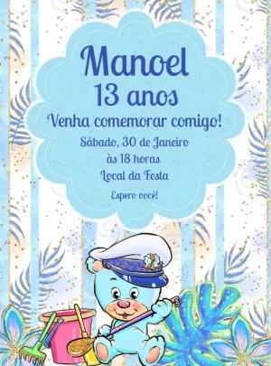 Convite Aniversário Ursinho Marinheiro para Editar Online