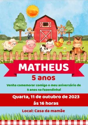 Convite de Aniversário Fazendinha com Animais para Editar Online