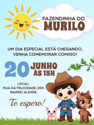 Convite de Aniversário Fazendinha com Animais para Editar Online