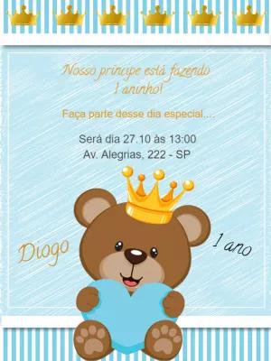 Convite de Aniversário Ursinho Príncipe Editável Online