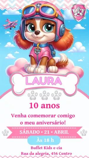 Convite Aniversário Patrulha Canina Rosa da Skye para Editar