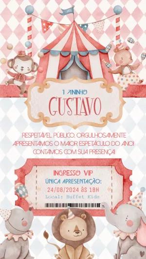 Convite Aniversário Circo Aquarela com Animais para Editar Online