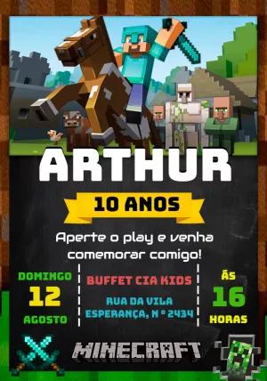 Convite de Aniversário Minecraft com Personagens para Editar