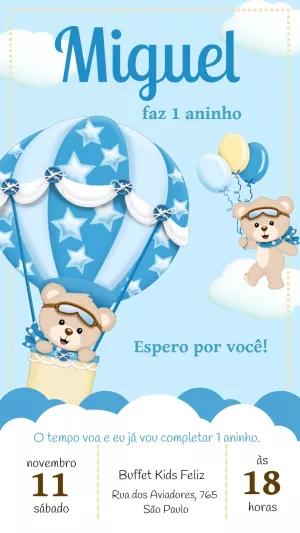 Convite de Aniversário Ursinho Aviador para Editar Online