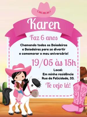 Convite Aniversário Boiadeira Rosa para Editar Online