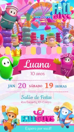 Convite de Aniversário Fall Guys com Personagens para Editar