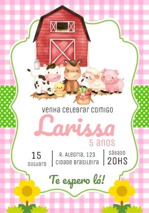 Convite Aniversário Fazendinha Rosa com Animais para Editar