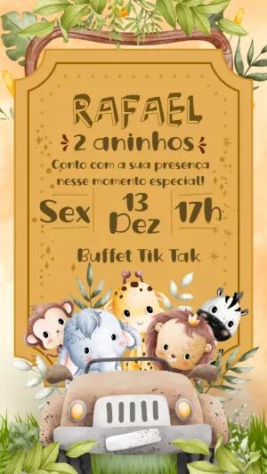 Convite Aniversário Safari Baby com Animais para Editar Online