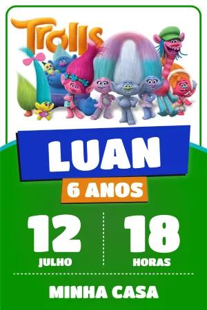 Convite de Aniversário Trolls com Personagens para Editar Online