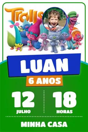 Convite Aniversário Trolls com Foto para Editar Online