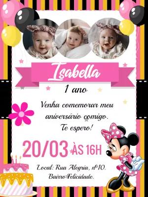 Convite Aniversário Minnie Rosa com Foto para Editar Online