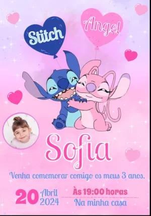 Convite Aniversário Stitch e Angel com Foto para Editar