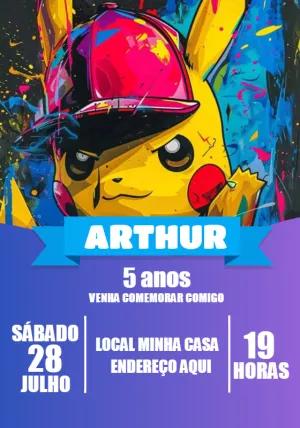 Convite Aniversário Pikachu Pokémon Grafite para Editar Online
