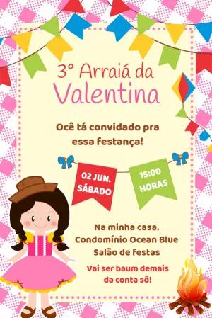 Convite Aniversário Festa Junina com Menina Caipira para Editar