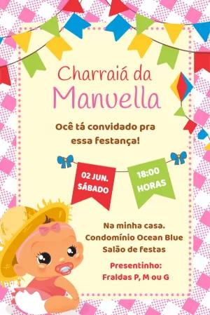 Convite Charraiá de Menina com Tema Junino para Editar Online