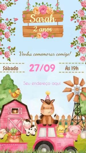 Convite Aniversário Fazendinha Rosa com Animais para Editar