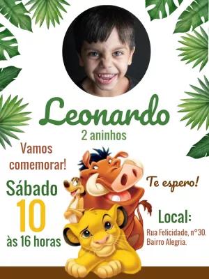 Convite Aniversário Rei Leão com Foto para Editar Online